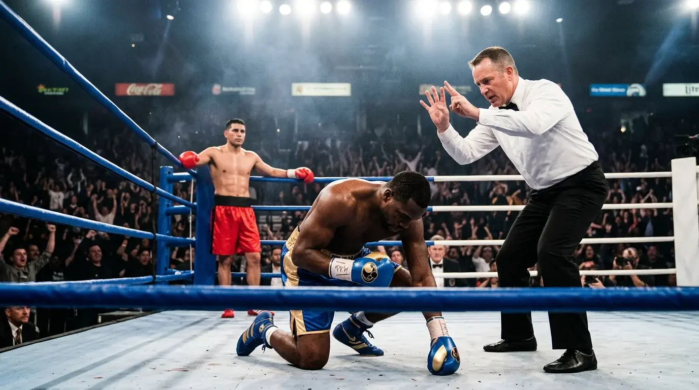 Referee counting over a downed boxer during a professional bout while the opponent stands in a neutral corner