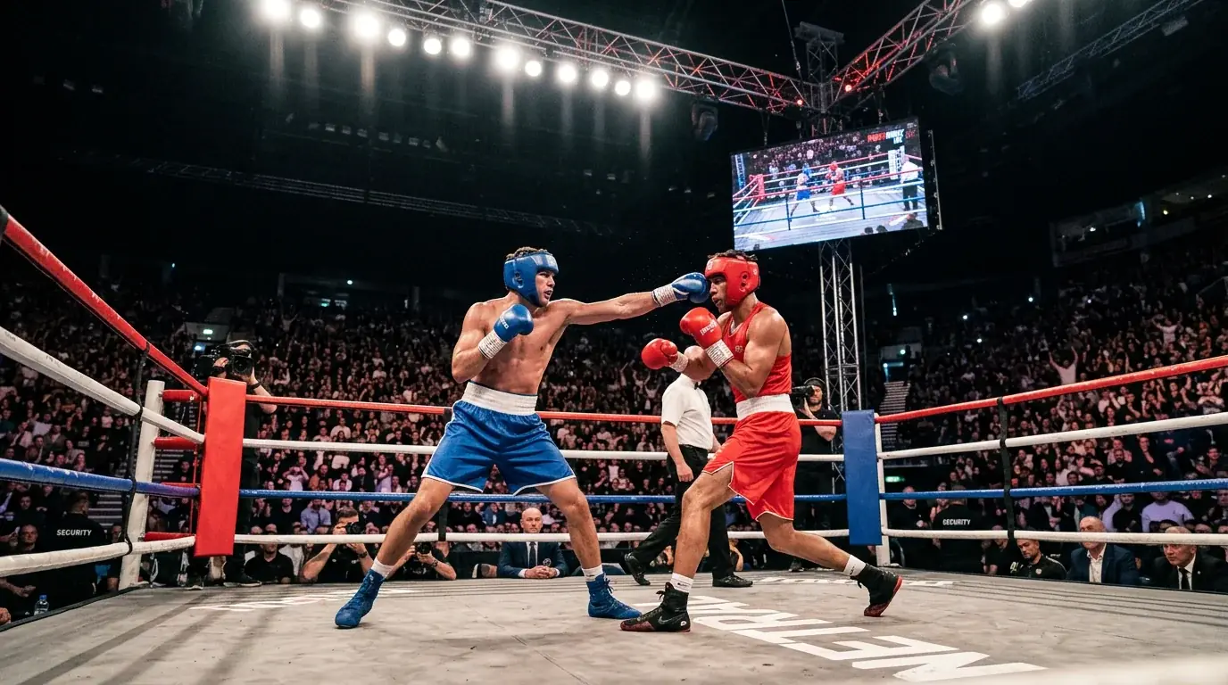 View from ringside at a professional boxing fight night in a packed UK arena