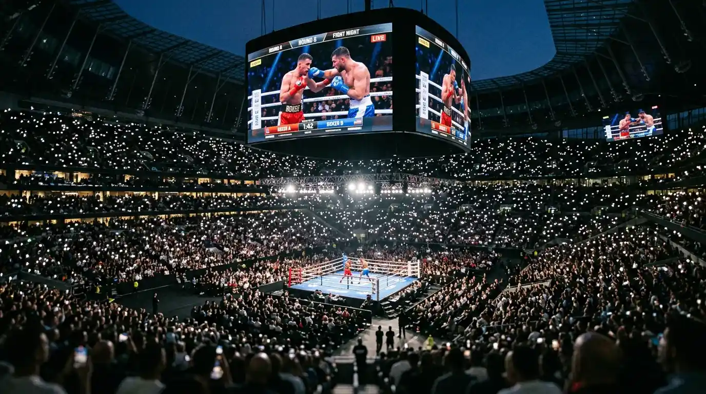 Large crowd watching a boxing match broadcast on giant screens inside a stadium venue